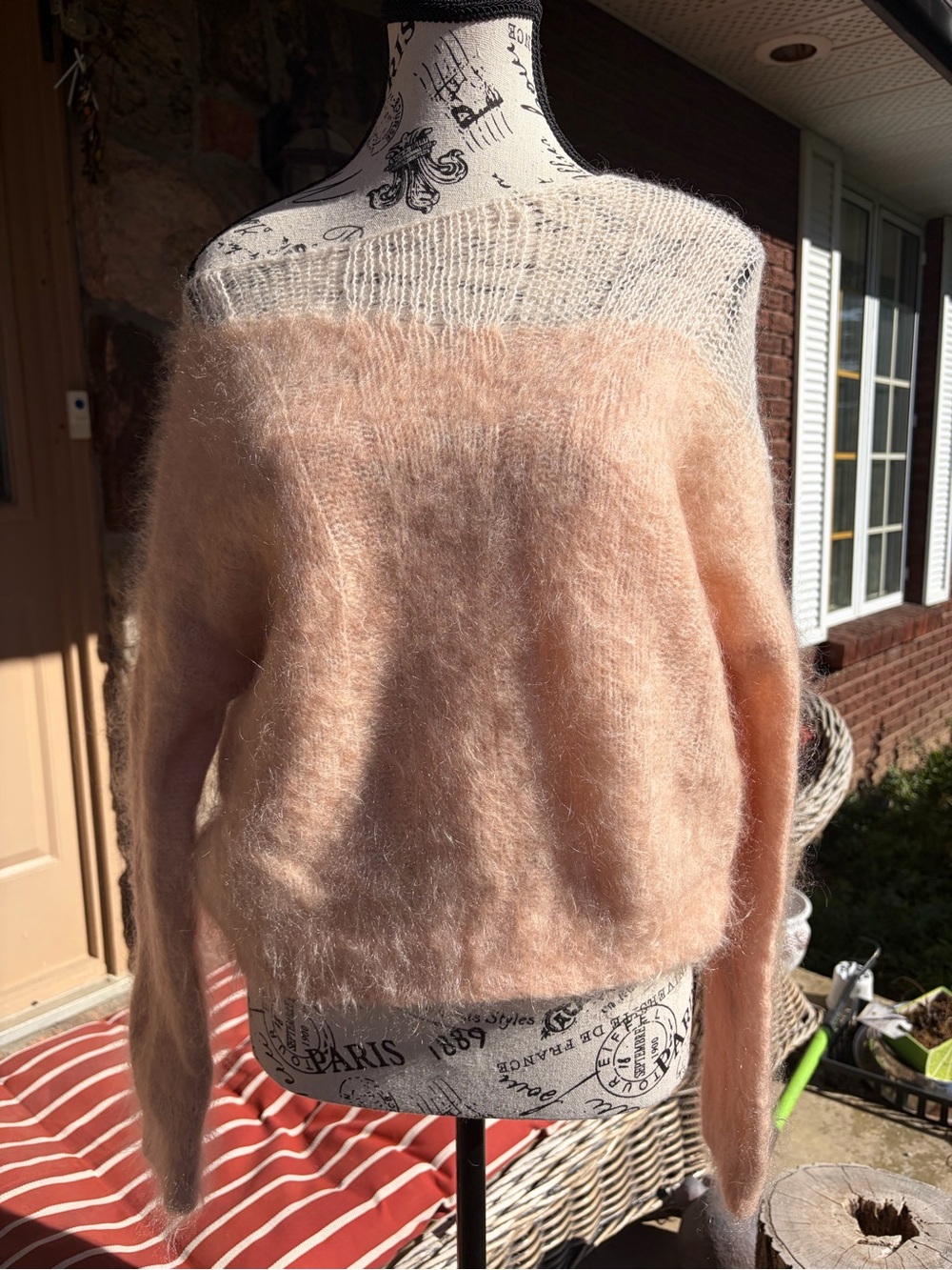 DoggyQin Mohair Off-the-Shoulder Y2K Fuzzy Knit Sweater in Soft Peach in EUC